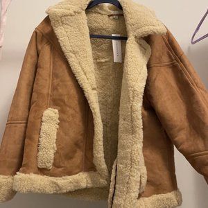 Topshop faux shearling car coat in brown and creme